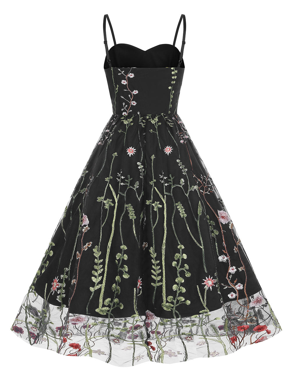 Black Semi Mesh Flower Embroidered Spaghetti Strap Sleeveless 50S Swing Dress