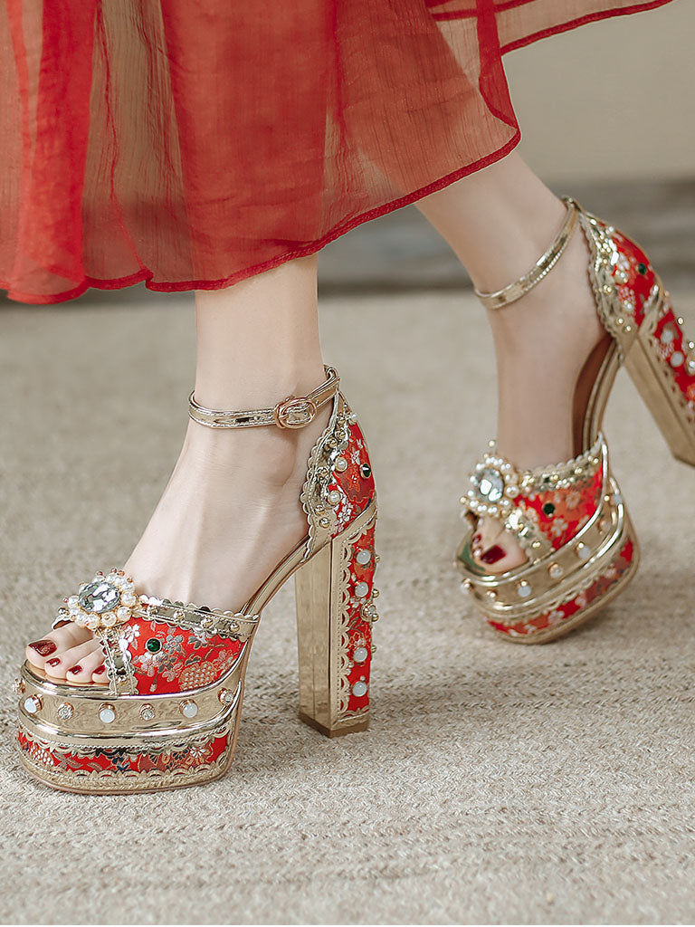 14CM Platform Luxury Flower Chunky Heels Sandals Retro Shoes