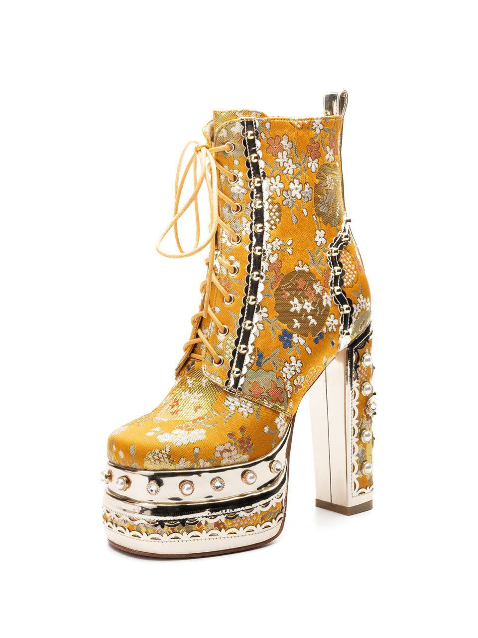 15CM Luxury Embroidered Chunky High Heel Platform Bootie Vintage Shoes