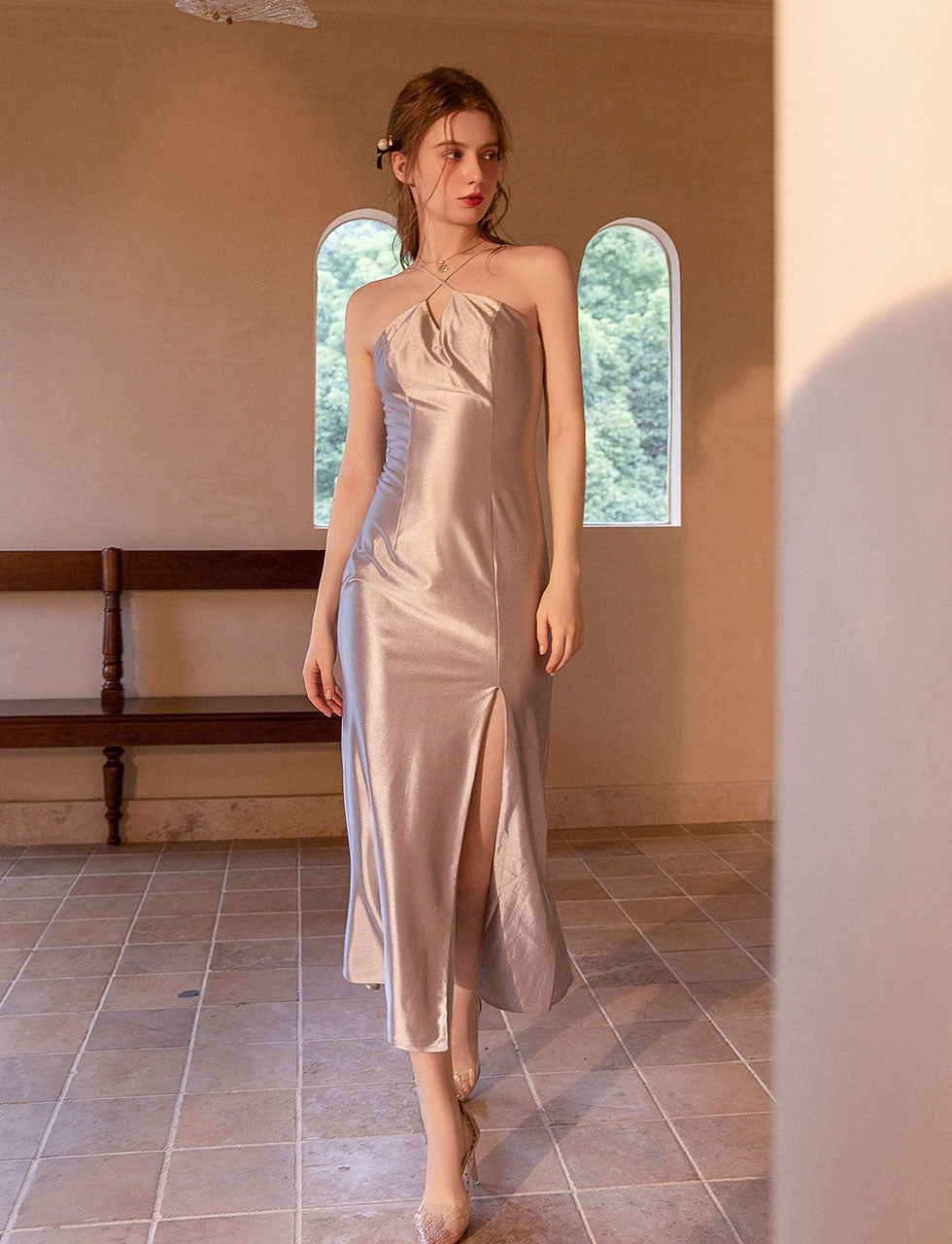 Pink Satin Split Bodycon Maxi Party Dress