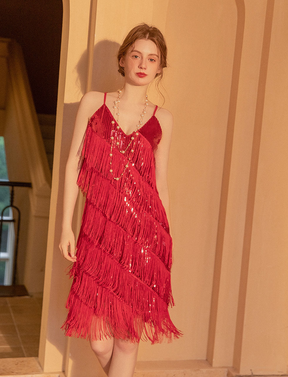 V Neck Strap Sequins Vintage Dress Party Dress