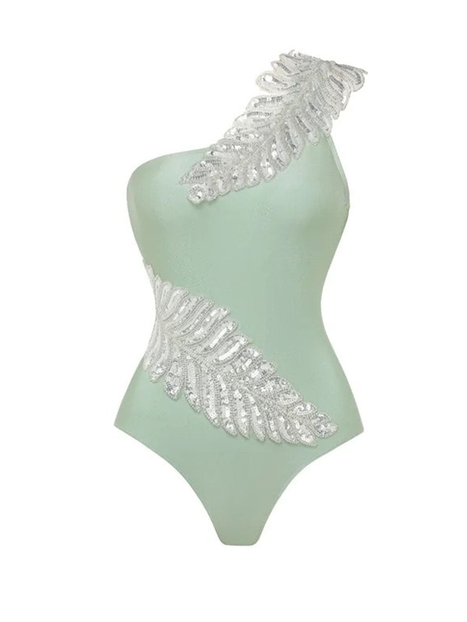 Royal Blue One Shoulder Beaded Feather One Piece Monokini