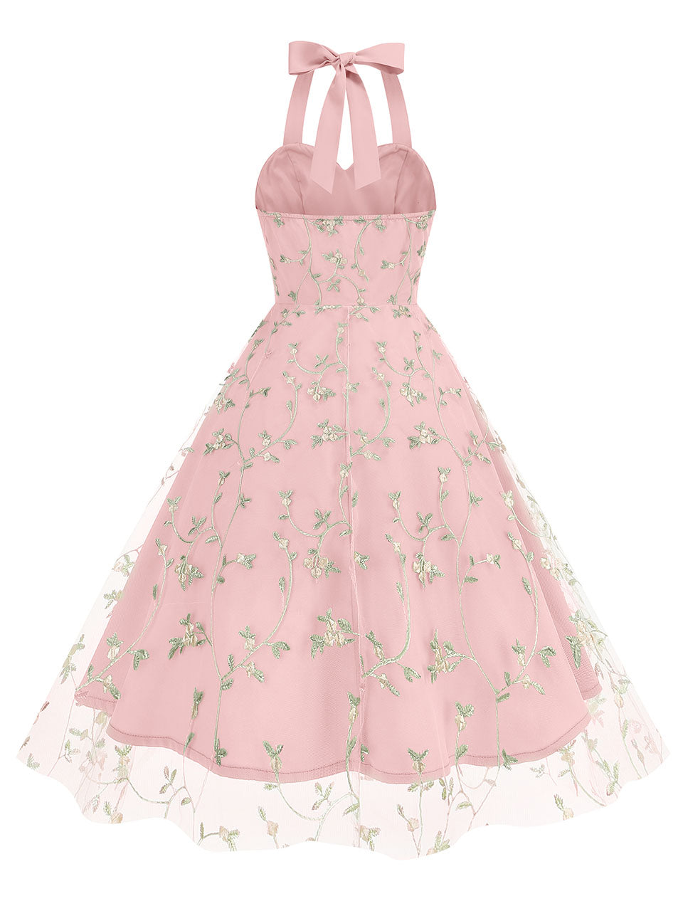 Purple Semi Mesh Rose Embroidered Sleeveless Halter Neck 50S Swing Dress