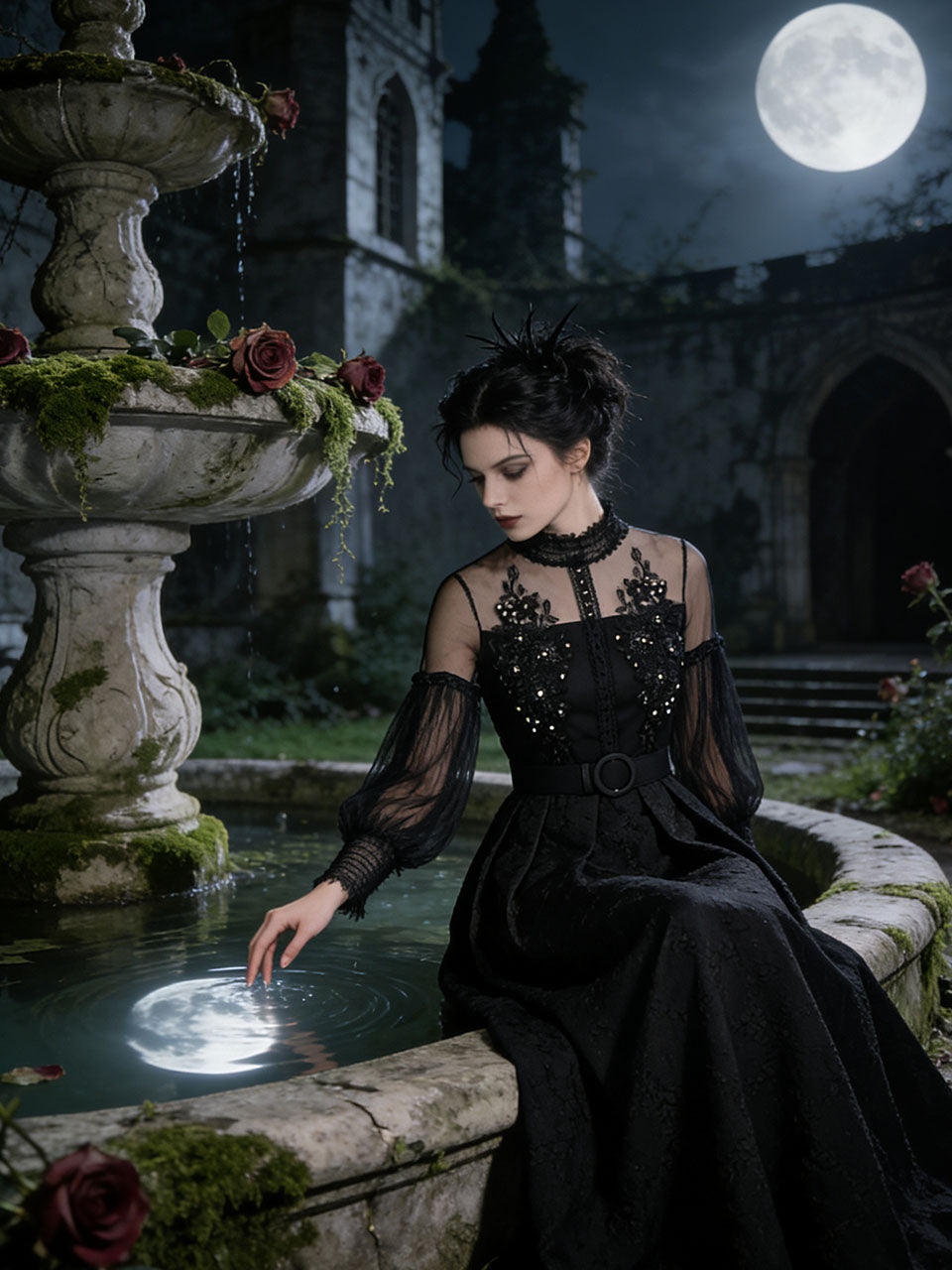 Gothic Black Semi-Sheer Lace Long Puff Sleeve Dress