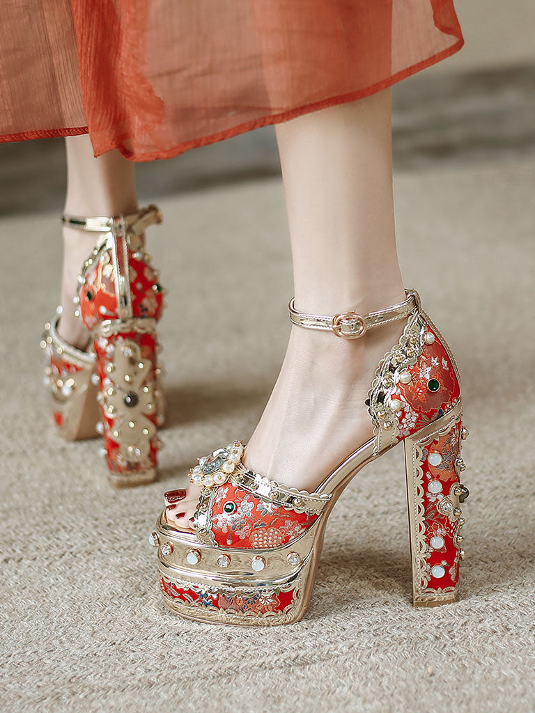 14CM Platform Luxury Flower Chunky Heels Sandals Retro Shoes