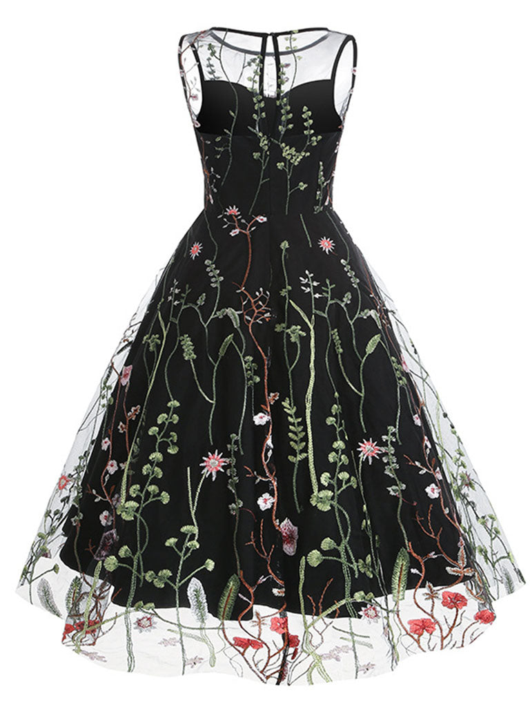 Wine Red Semi Mesh Flower Embroidered Sleeveless 50S Swing Dress