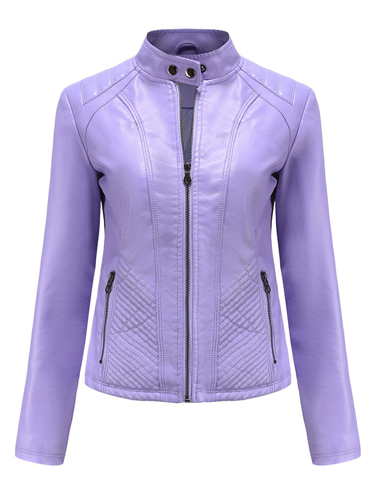 Stand Collar Long Sleeve PU Leather Motorcycle Jacket