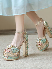 14CM Platform Luxury Flower Chunky Heels Sandals Retro Shoes