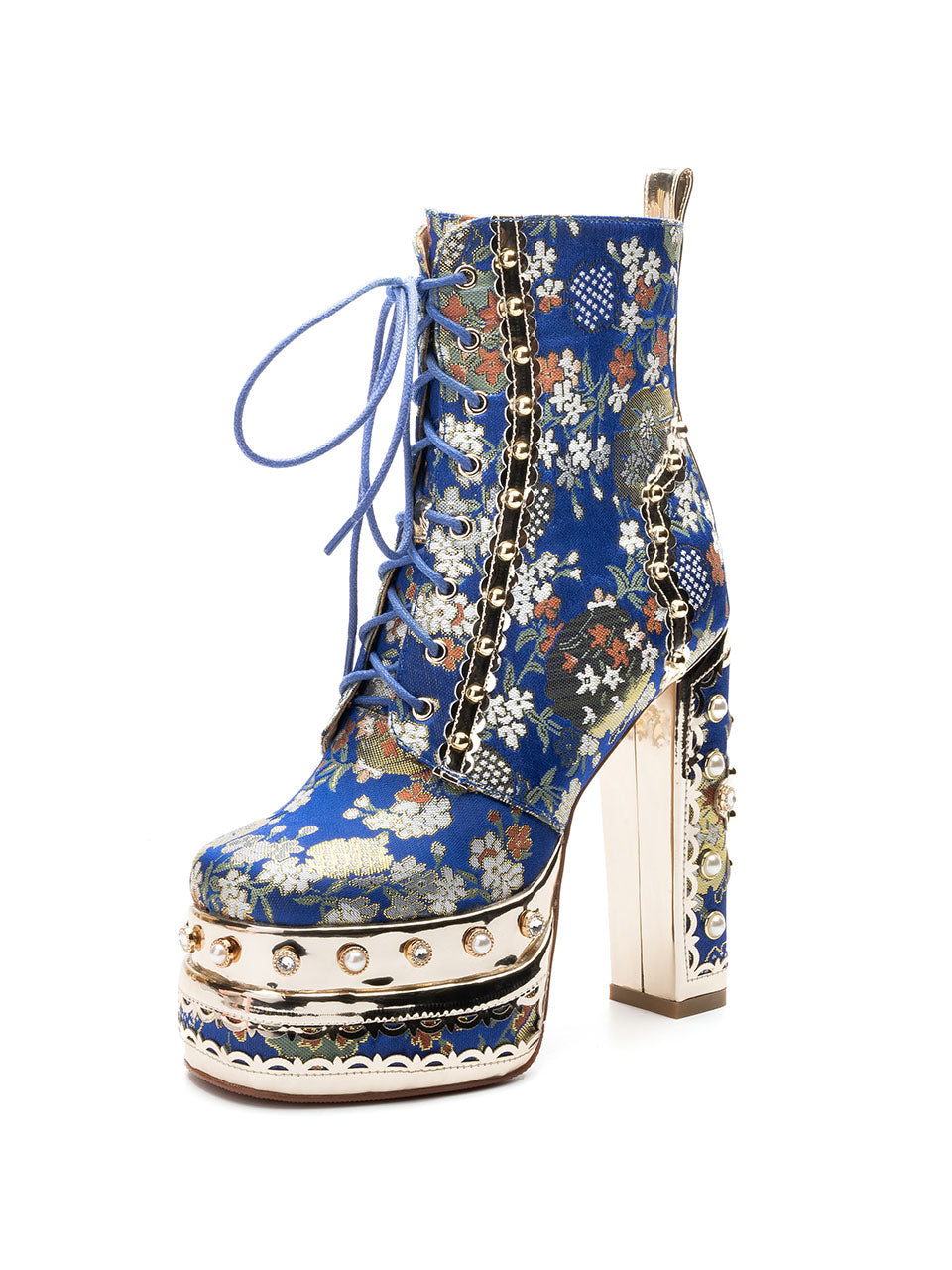 15CM Luxury Embroidered Chunky High Heel Platform Bootie Vintage Shoes
