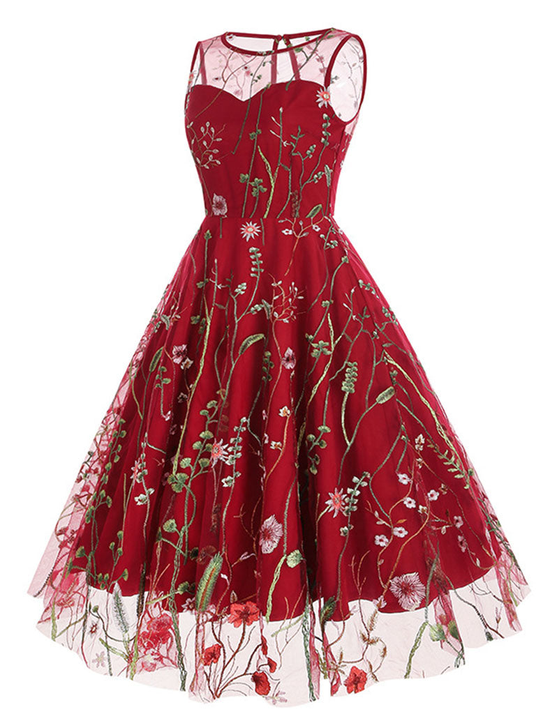 Wine Red Semi Mesh Flower Embroidered Sleeveless 50S Swing Dress