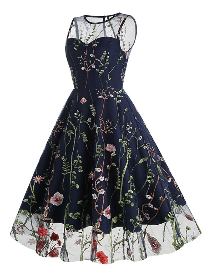 Wine Red Semi Mesh Flower Embroidered Sleeveless 50S Swing Dress