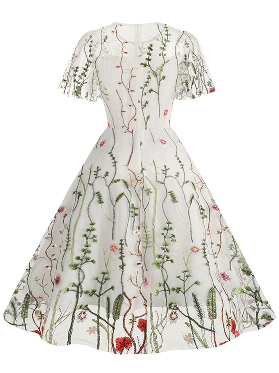 Wine Red Semi Mesh Flower Embroidered Short Sleeve 50S Swing Dress