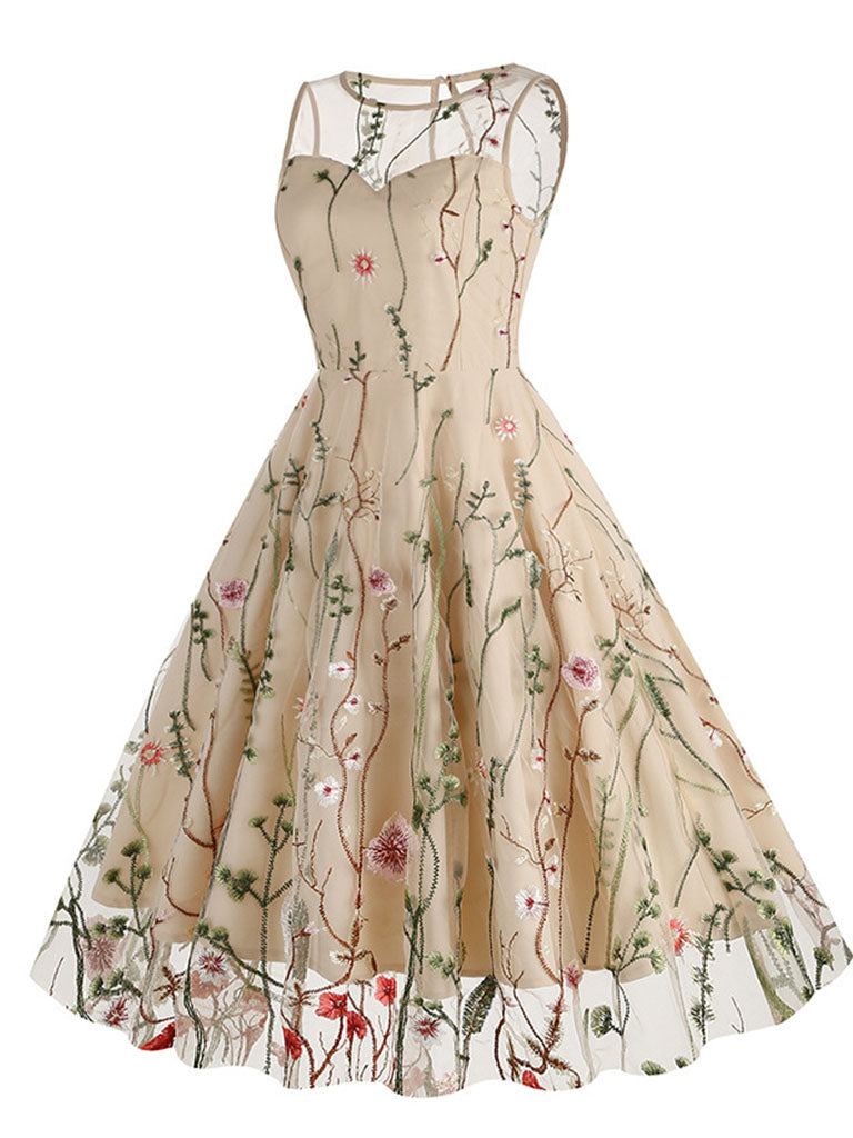 Wine Red Semi Mesh Flower Embroidered Sleeveless 50S Swing Dress