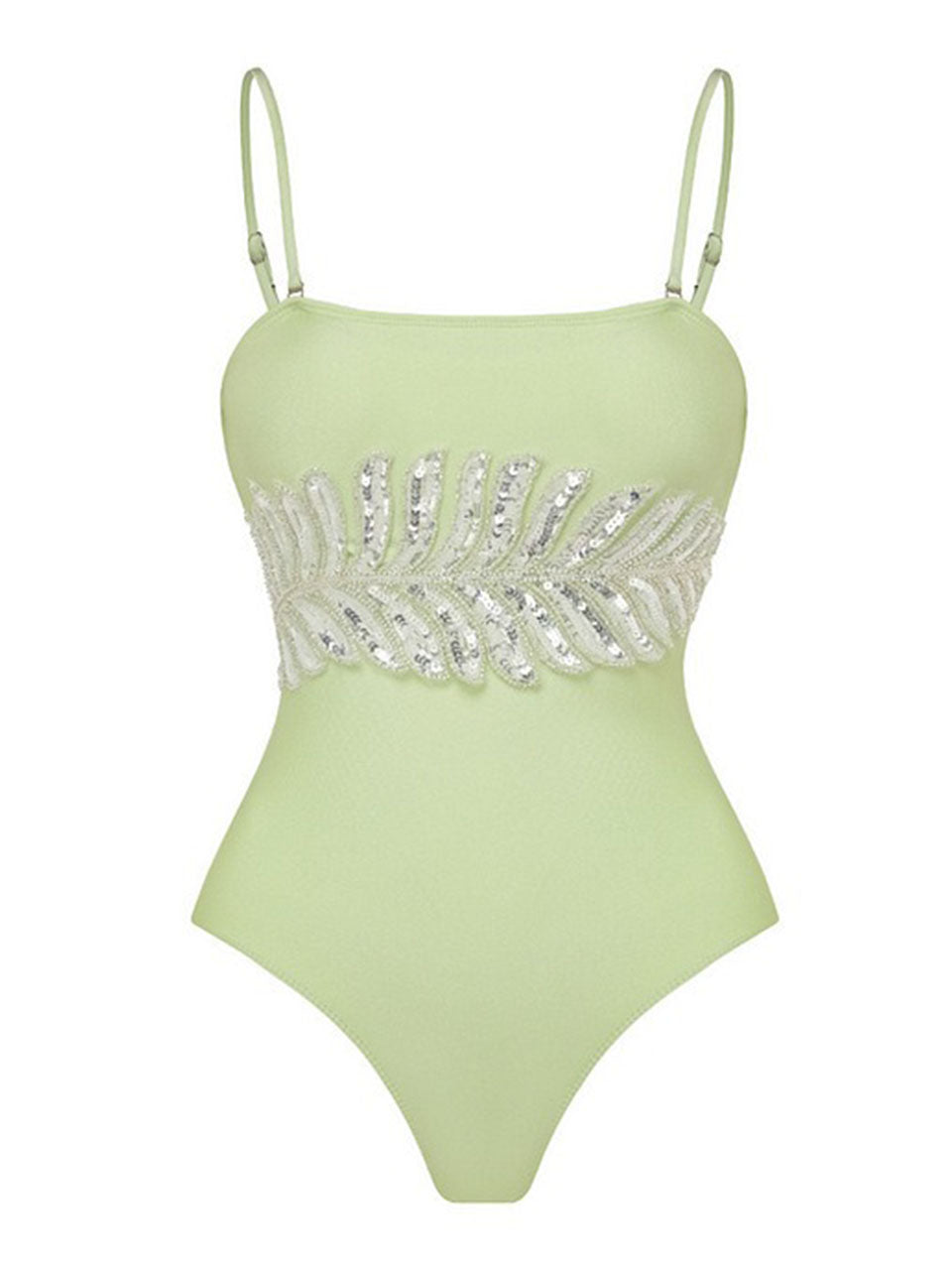 Mint Green Sequin Leaf Embroidered One Piece Bodysuit