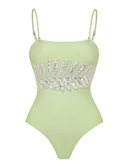 Mint Green Sequin Leaf Embroidered One Piece Bodysuit