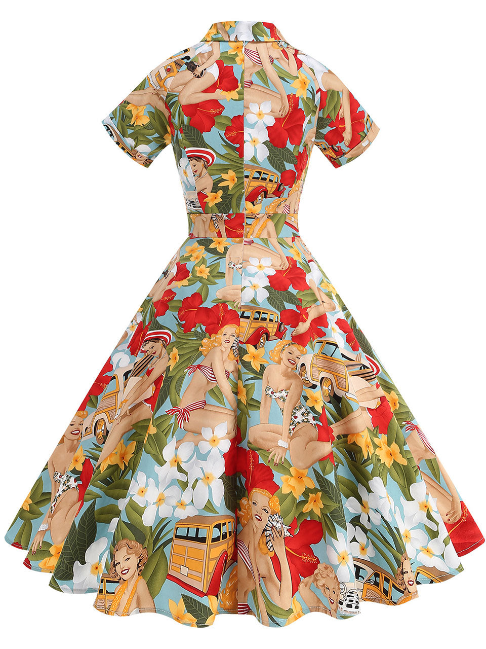 Red Floral Print Turn Down Collar Short Sleeves 1950S Vintage Shirt Dress
