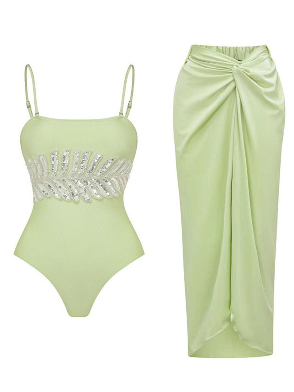 Mint Green Sequin Leaf Embroidered One Piece Bodysuit