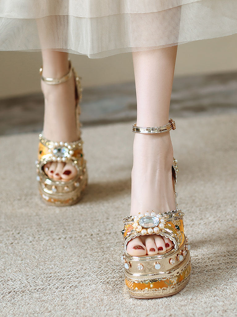 14CM Platform Luxury Flower Chunky Heels Sandals Retro Shoes