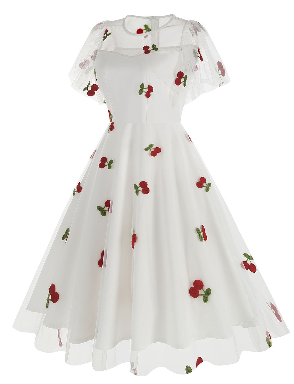 Black Semi Mesh Cherry Embroidered Short Sleevele 50S Swing Dress