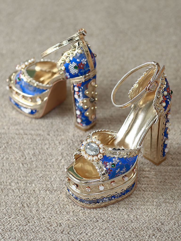 14CM Platform Luxury Flower Chunky Heels Sandals Retro Shoes