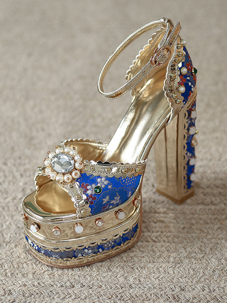 14CM Platform Luxury Flower Chunky Heels Sandals Retro Shoes