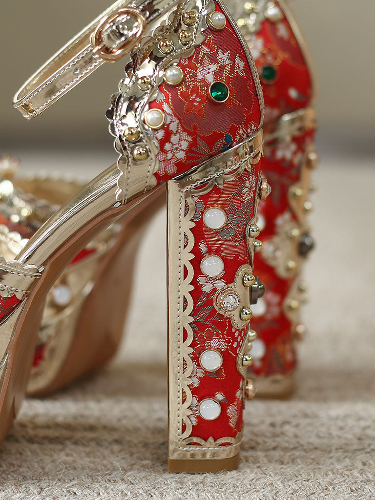 14CM Platform Luxury Flower Chunky Heels Sandals Retro Shoes