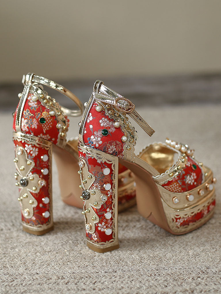 14CM Platform Luxury Flower Chunky Heels Sandals Retro Shoes
