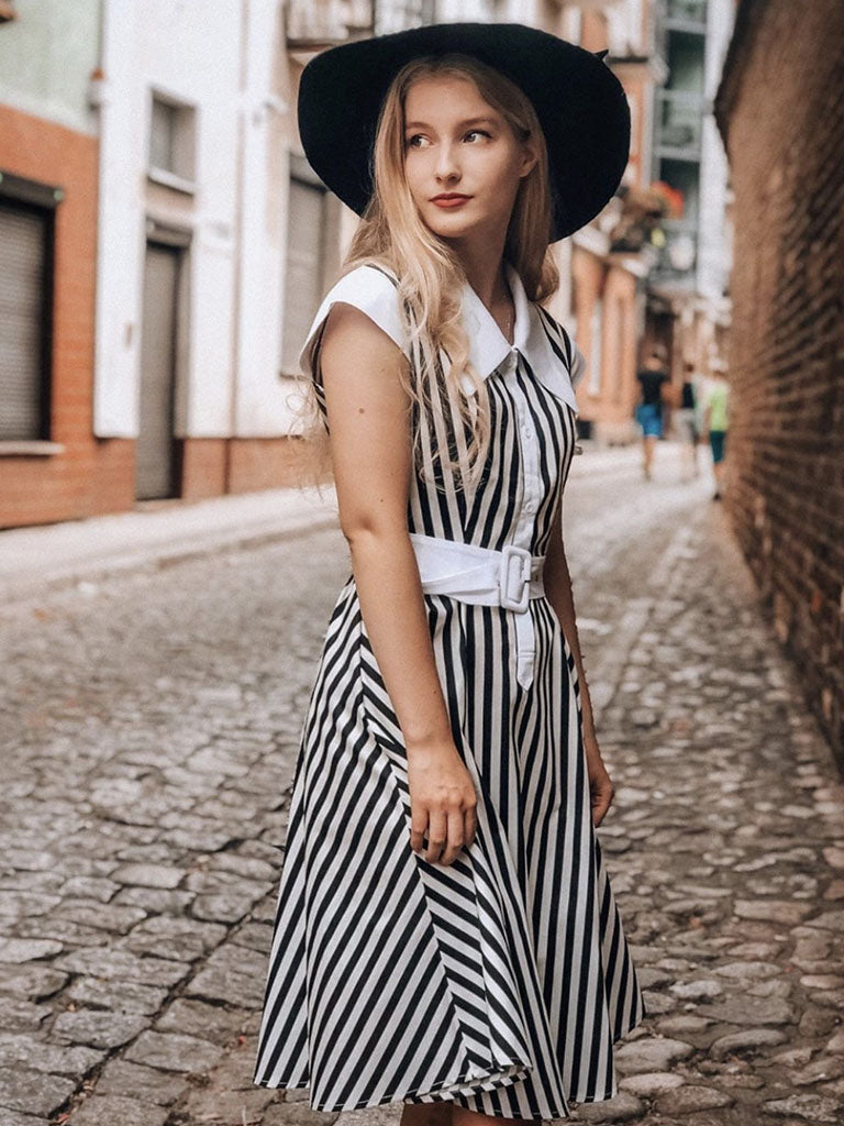 Beetlejuice Costume Black and White Vertical Stripe Swing Dress