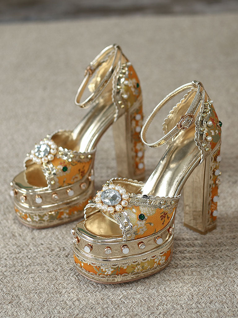 14CM Platform Luxury Flower Chunky Heels Sandals Retro Shoes