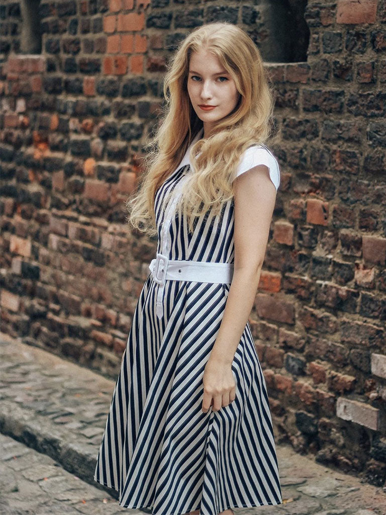 Beetlejuice Costume Black and White Vertical Stripe Swing Dress