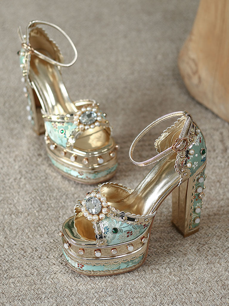 14CM Platform Luxury Flower Chunky Heels Sandals Retro Shoes