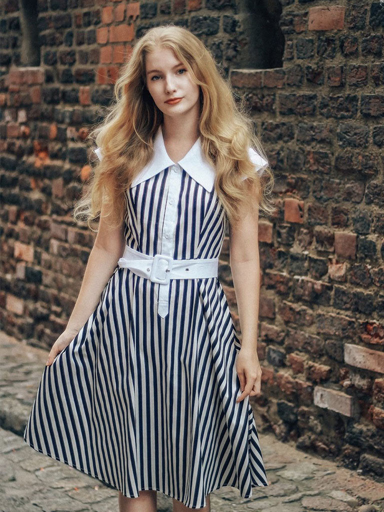 Beetlejuice Costume Black and White Vertical Stripe Swing Dress