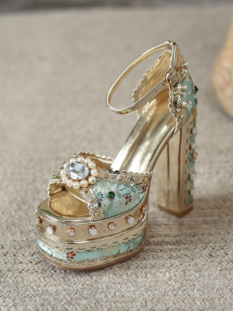 14CM Platform Luxury Flower Chunky Heels Sandals Retro Shoes