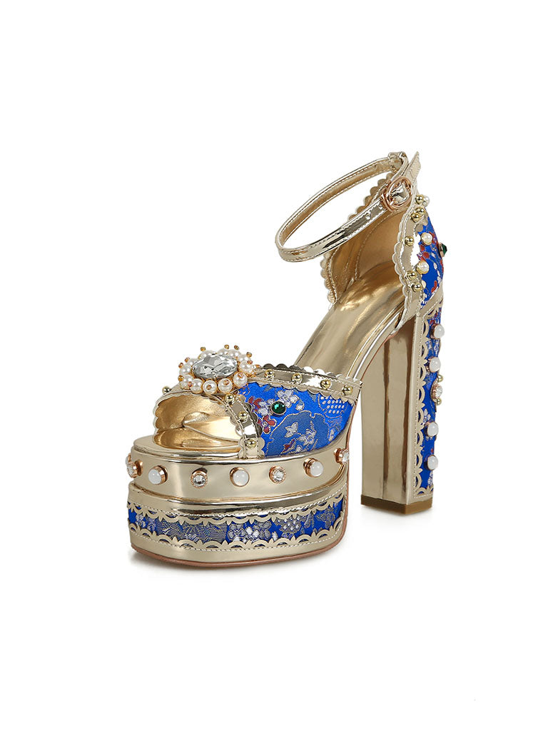 14CM Platform Luxury Flower Chunky Heels Sandals Retro Shoes