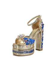 14CM Platform Luxury Flower Chunky Heels Sandals Retro Shoes