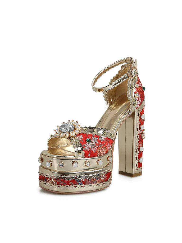 14CM Platform Luxury Flower Chunky Heels Sandals Retro Shoes