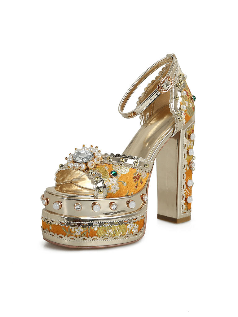 14CM Platform Luxury Flower Chunky Heels Sandals Retro Shoes
