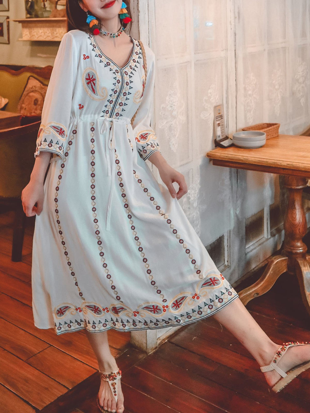 Bohemian Floral Embroidered V Neck 3/4 Flared Sleeves Boho Dress