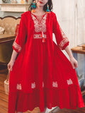 Jolly Vintage 2 Pieces Bohemian Hooded Embroidered Floral 3/4 Sleeve Boho Dress