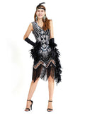 Black Silver 1920s V Neck Sequined Flapper Dres