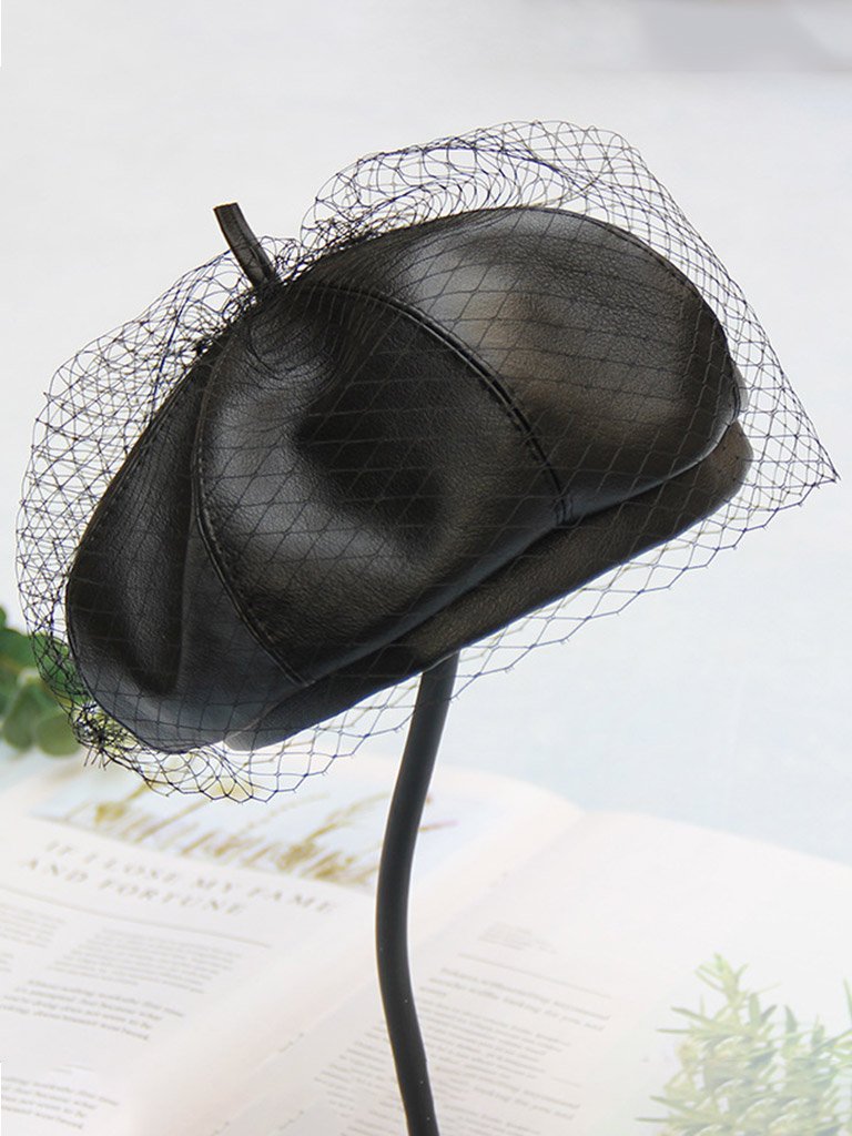 Black Faux Leather Beret Hat Cap