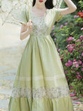 Green Square Collar Short Sleeve Vintage Fairy Lace Dress