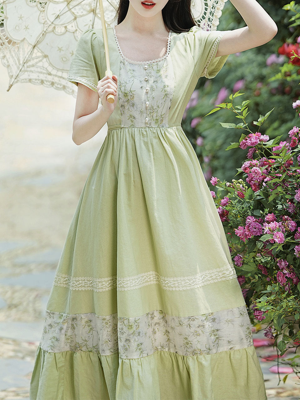 Green Square Collar Short Sleeve Vintage Fairy Lace Dress