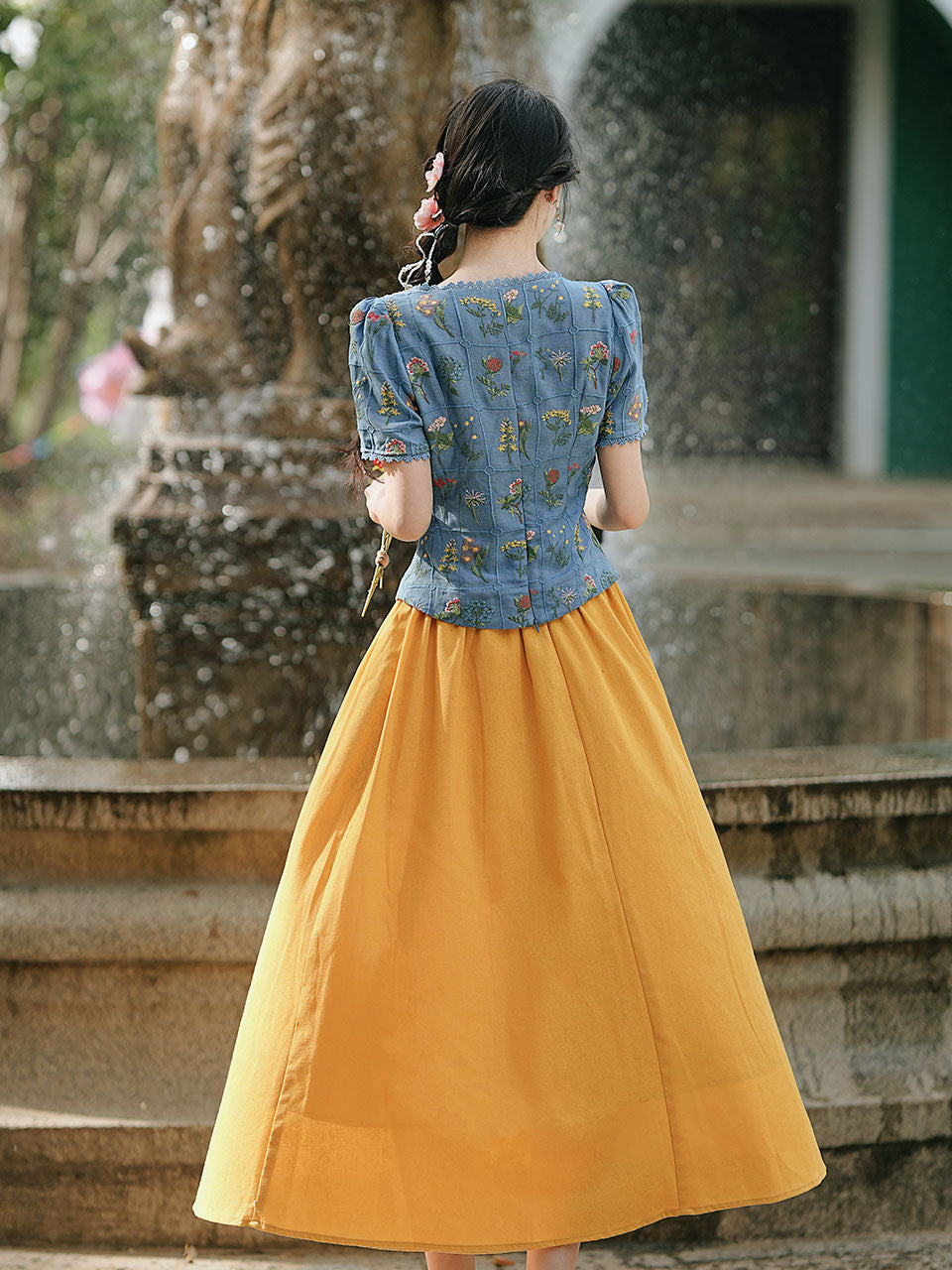 Navy Cotton Embroidered Top and 1950s Yellow Vintage Skirt Suit Inspired by Snow White
