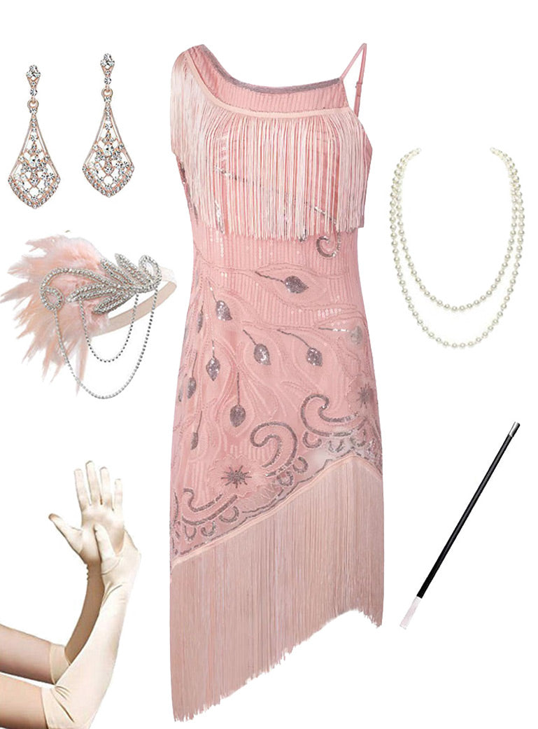 Pink Sweet Gatsby Glitter Fringe 1920s Flapper Dress Set