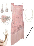 Pink Sweet Gatsby Glitter Fringe 1920s Flapper Dress Set