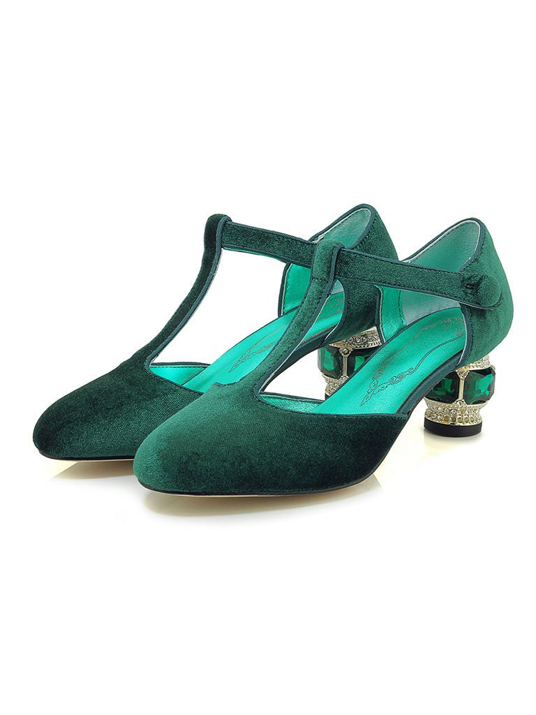Velvet Rhinestone Chunky Heel  Vintage Shoes