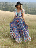 Summer Boho Dress Floral Printed V Elastic Band Collar Beach Maxi Dress