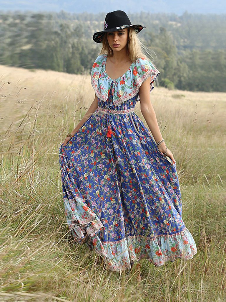 Summer Boho Dress Floral Printed V Elastic Band Collar Beach Maxi Dress