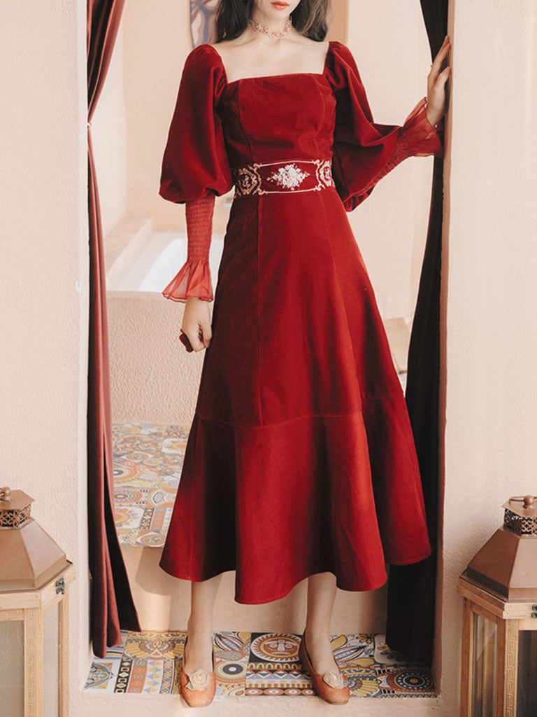 Embroidered Lantern Sleeve Vintage Little Red Dress